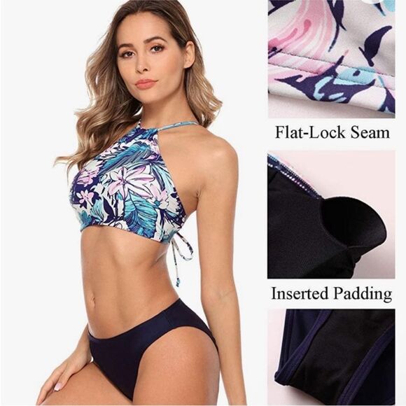 NWT Floral Bikini 2 Piece Swimsuits Halter High Neck Sporty Size Large UPF 50+ - Picture 4 of 9